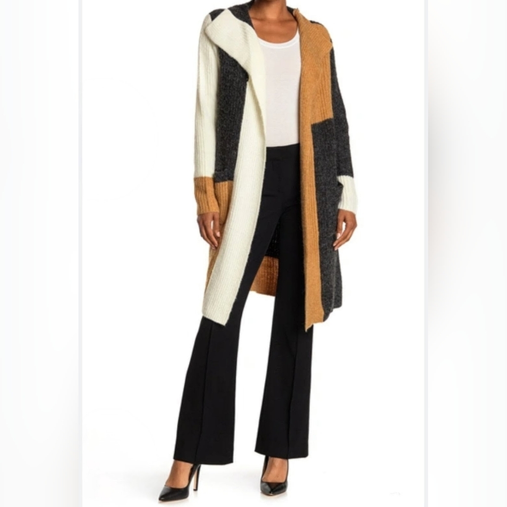 JOSEPH A. COLORBLOCK OPEN FRONT LONG CARDIGAN SWEATER